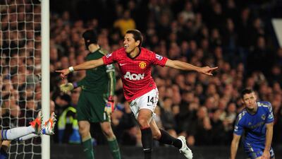Javier Hernandez of Manchester United celebrates his winning goal against Chelsea. Shaun Botterill/Getty Images.