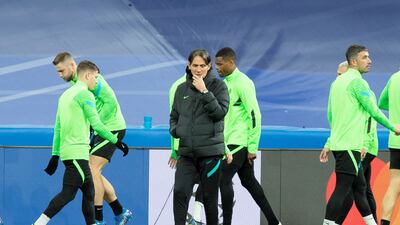 Simone Inzaghi (C) leads a training session at Santiago Bernabeu. EPA