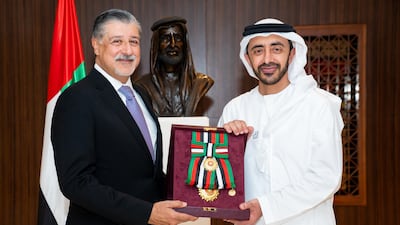 Sheikh Abdullah bin Zayed, Minister for Foreign Affairs and International Cooperation, presents the Order of Zayed (first class) to Adnan Amin, director general of Irena. Wam