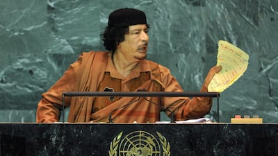 Muammar Qaddafi speaks to the United Nations General Assembly in New York in 2009. EPA