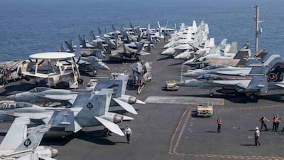 Aircraft USS Abraham Lincoln is a strong military presence in the war the US started on Iran. US Navy