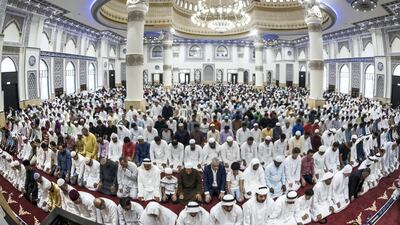 Eid Al Adha morning prayers at the Al Farooq Omar bin Al Kahttab Mosque in Al Safa. Antonie Robertson/The National