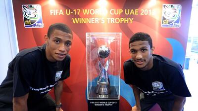 Mohammed Al Akbari, left, and UAE teammate Sultan Al Shamsi dream of lifting the Under 17 World Cup trophy. Ravindranath K / The National