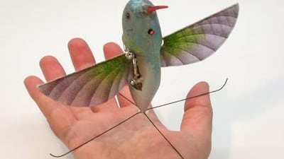 A life-size hummingbird-like unmanned aircraft, named Nano Hummingbird, developed by AeroVironment for the US military. It has a wingspan of 6.5 inches, weighs two thirds of an ounce and has a body fairing shaped like a real hummingbird.