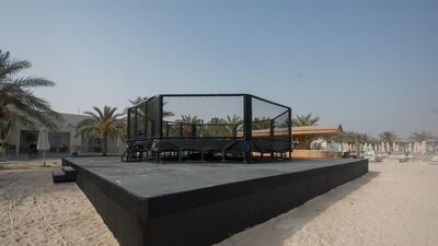 An octagon on the beach on Yas Island as work continues for UFC Fight Island. Credit: DCT-Abu Dhabi
