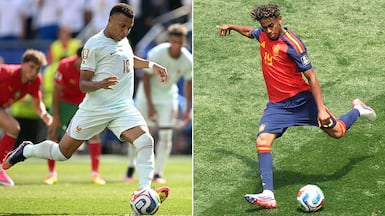 France captain Kylian Mbappe, left, clashes with Spain's Lamine Yamal, right, in Arlington for a place in the World Cup final. AFP