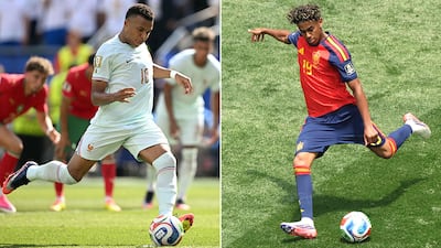 France captain Kylian Mbappe, left, clashes with Spain's Lamine Yamal, right, in Arlington for a place in the World Cup final. AFP
