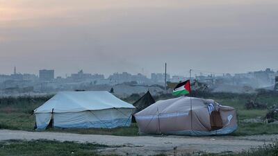 Palestinians are setting up tents in preparation for mass demonstrations along the Gaza strip border with Israel, in eastern Gaza City, Tuesday, March 27, 2018. Adel Hana / AP
