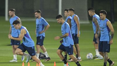Argentina's Julian Alvarez, Gonzalo Montiel and Enzo Fernandez attend a training session at Qatar University. AFP