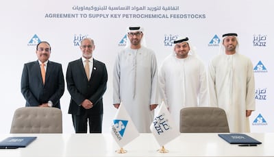 Dr Sultan Al Jaber, Minister of Industry and Advanced Technology and managing director and group chief executive of Adnoc, along with other officials at the signing of Ta'ziz contract with India's Sanmar Group. Photo: Ta'ziz