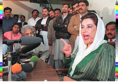 Sacked prime minister Benazir Bhutto addresses a press conference at her residence after the court verdict rejecting her petition against her dismissal on January 29, 1997. Bhutto said she was not desperate and that the verdict was not unexpected. Saeed Khan / AFP