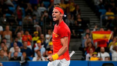 Rafael Nadal celebrates after beating Alex de Minaur in the ATP Cup semi-final. AFP