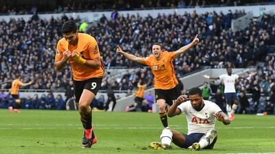 Raul Jimenez of Wolves celebrates scoring the winning goal against Tottenham. EPA