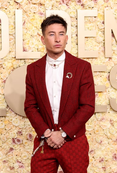 Barry Keoghan dials down the dimensions with Omega’s 34mm Seamaster Aqua Terra with pavé diamonds at the 81st Annual Golden Globe Awards. Getty Images