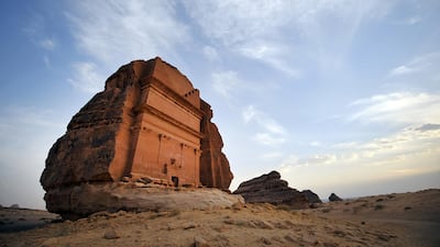 Carved rose-coloured sandstone mountains in the Nabataean archaeological site of al-Hijr (Madain Saleh) near the northwestern town of al-Ula, Saudi Arabia, which dates back to the first century BC. AFP PHOTO