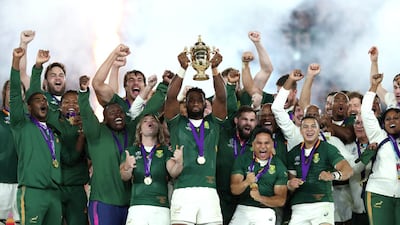 Siya Kolisi of South Africa lifts the Web Ellis cup following his team's victory against England in the Rugby World Cup 2019 Final between England and South Africa at International Stadium Yokohama in Yokohama, Kanagawa, Japan. Getty Images