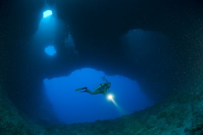 Diving in Blue Hole Cave, Palau. Getty Images