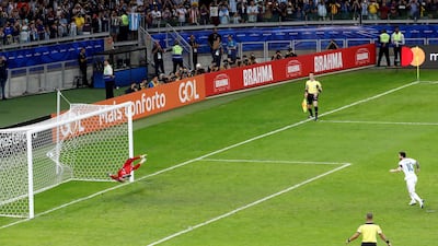 Argentina's Lionel Messi scores from the penalty spot. EPA
