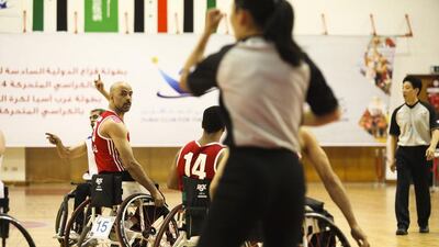 The UAE's men's wheelchair basketball team in action against Jordan at Al Ahli Sports Club in Dubai. Lee Hoagland / The National