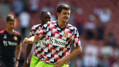 Manchester United's Harry Maguire during warm ups on Saturday. Reuters