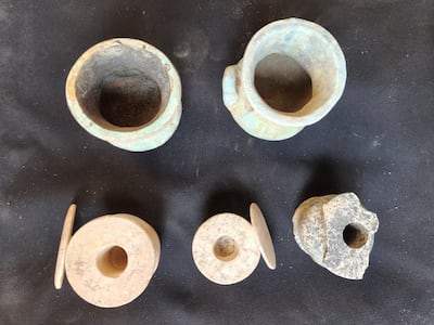 Ancient pots made of alabaster and obsidian still have traces of ancient black kohl, or eyeliner. Photo: Egyptian Ministry of Tourism and Antiquities