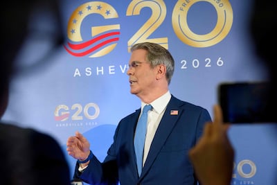 Treasury Secretary Scott Bessent speaks to the press during the 2026 G20 Financial meetings on August 31, 2026 in Asheville, North Carolina. Getty Images via AFP