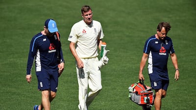 England's Jake Ball fell and injured himself whilst bowling against Cricket Australia XI at Adelaide Oval. Daniel Kalisz / Getty Images