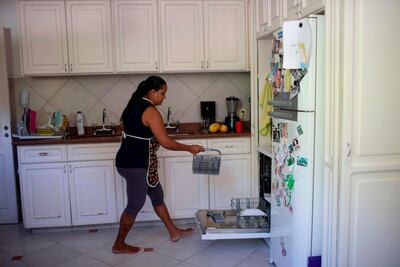Domestic worker Fabiana Barbosa de Souza, 36, loads the dishwasher at the house where she works twice a week at Laranjeiras neighborhood, southern Rio de Janeiro, Brazil. AFP
