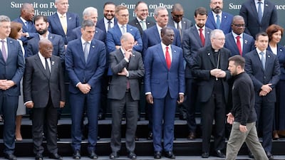 Ukrainian President Volodymyr Zelenskyy joins heads of states and country representatives during the Ukraine peace summit at the Burgenstock resort, near Lucerne, Switzerland, on June 15. AFP