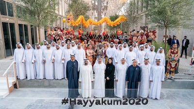 Sheikh Abdullah bin Zayed, UAE Minister of Foreign Affairs and International Cooperation, inspects site progress at Expo 2020 Dubai as it prepares to extend a "Hayyakum" welcome to the world Thursday, February 21, 2019. All photos by MOFAAIC / Wam