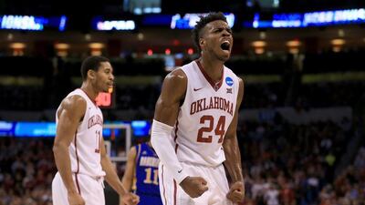 OKLAHOMA CITY, OKLAHOMA - MARCH 18: Buddy Hield #24 of the Oklahoma Sooners reacts in the second half while taking on the Cal State Bakersfield Roadrunners in the first round of the 2016 NCAA Men's Basketball Tournament at Chesapeake Energy Arena on March 18, 2016 in Oklahoma City, Oklahoma. Tom Pennington/Getty Images/AFP== FOR NEWSPAPERS, INTERNET, TELCOS & TELEVISION USE ONLY ==