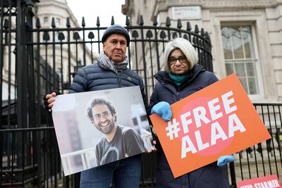 Laila Suief, mother of Egyptian-British activist Alaa Abdel Fattah, protests against her son's detention outside Downing Street in London, on January 20. Reuters