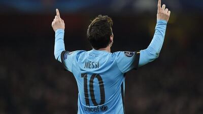 Football Soccer - Arsenal v FC Barcelona - UEFA Champions League Round of 16 First Leg - Emirates Stadium, London, England - 23/2/16Lionel Messi celebrates scoring the second goal for Barcelona Reuters / Toby MelvilleLivepicEDITORIAL USE ONLY.