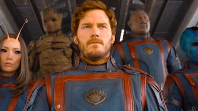 Guardians of the Galaxy Vol. 3 will be released on May 4 in the UAE. From left, Pom Klementieff as Mantis, Groot (voiced by Vin Diesel), Chris Pratt as Peter Quill, Dave Bautista as Drax and Karen Gillan as Nebula. AP