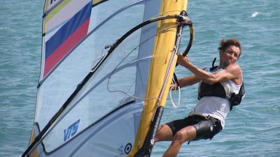 A sailor competes on Thursday in the waters of Abu Dhabi at the 2015 ISAF Sailing World Cup Final, being held in the capital until Sunday. Jonathan Raymond / The National / October 29, 2015