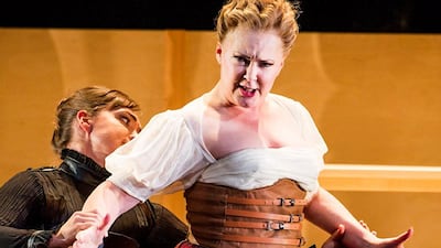 Rebecca Afonwy Jones, left, and Judith Howarth in the Welsh National Opera production of Maria Stuarda. Courtesy Robert Workman / WNO