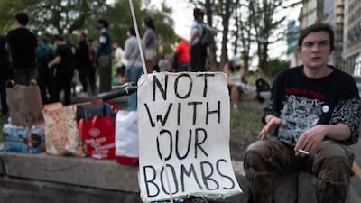 Demonstrators outside the Art Institute of Chicago after students set up a protest camp on the campus on May 5. Getty / AFP