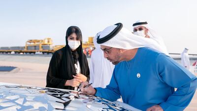 Sheikh Hamdan bin Zayed, Ruler’s Representative in Al Dhafra Region, attends Etihad Rail's project at Ruwais. Rashed Al Mansoori / Ministry of Presidential Affairs