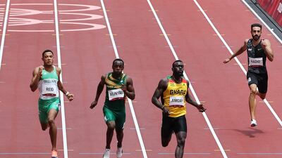 From left: eSwatini's Sibusiso Matsenjwa, USA's Noah Lyles, Canada's Brendon Rodney, Jamaica's Julian Forte, Ireland's Leon Reid, South Africa's Clarence Munyai, Ghana's Joseph Paul Amoah and Lebanon's Noureddine Hadid compete in the men's 200m heats.