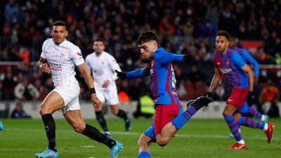 Pedri gets a shot on target for Barcelona against Sevilla. AP