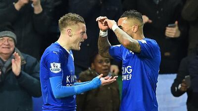 Jamie Vardy, left, scored one of the goals of the season for Leicester City's opener in their 2-0 victory over Liverpool. Ben Stanstall / AFP