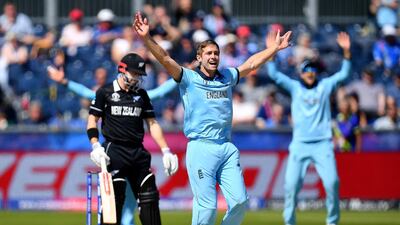 England's Chris Woakes successfully appeals for the wicket of Henry Nicholls of New Zealand at in Chester-le-Street during the World Cup group stage last summer. Getty