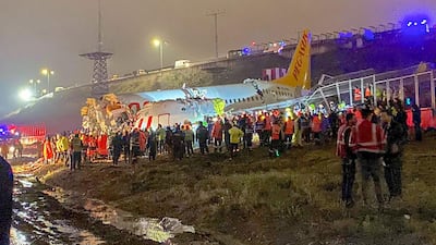 The crash site of a Pegasus Airlines Boeing 737 airplane, after it skidded off the runway upon landing at Sabiha Gokcen airport in Istanbul. AFP