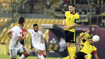 UAE's Ali Mabkhout shoots at goal. Chris Whiteoak / The National