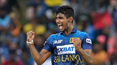 Sri Lanka bowler Matheesha Pathirana celebrates after taking the wicket of Bangladesh's Mushfiqur Rahim at the Pallekele International Cricket Stadium in Kandy on August 31, 2023. AFP
