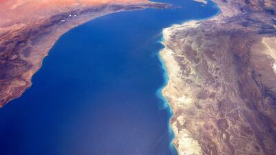 1991: View from the Space Shuttle Columbia looking Northwest over the Gulf of Oman (bottom), the Strait of Hormuz (centre) and the Arabian Gulf (top). Corbis