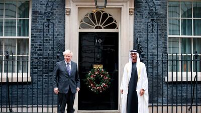 British Prime Minister Boris Johnson (l) and Crown Prince of Abu Dhabi and Deputy Supreme Commander of the Armed Forces, Sheikh Mohamed bin Zayed meet in London, where they discussed regional security and foreign policy. AFP