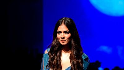 Malavika Mohanan presents a creation by designer Vineet Trahul during Lakme Fashion Week winter / festive 2019 in Mumbai. Photo: Sujit Jaiswal / AFP