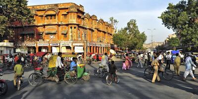 A busy Indian street scene in, Jaipur, Rajasthan, India. Courtesy Getty