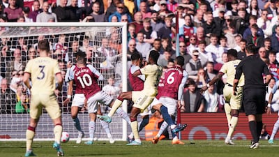 Arsenal's Bukayo Saka scores the only goal against Aston Villaduring the Premier League match at Villa Park. PA